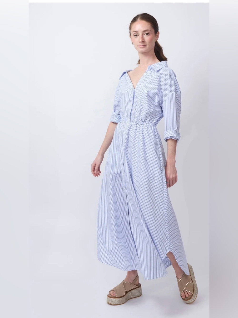 Rosie Assoulin Falling Off the Shoulder Dress Shirting Stripes NWT Sz L